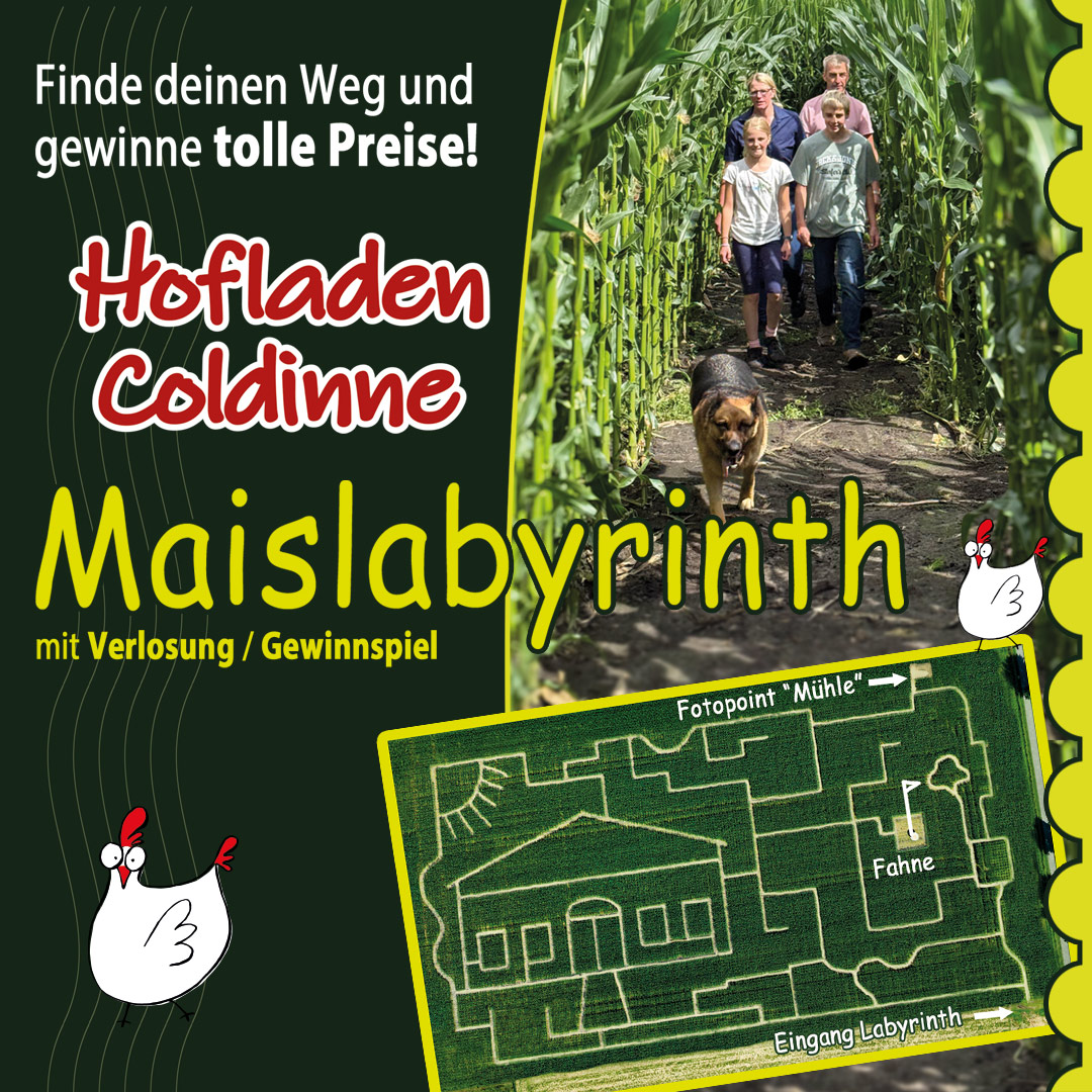 Maislabyrinth Hofladen Coldinne mit Familie Hund und gezeichneten Hühnern und einem Übersichtsplan des Labyrinthes für das Jahr 2026